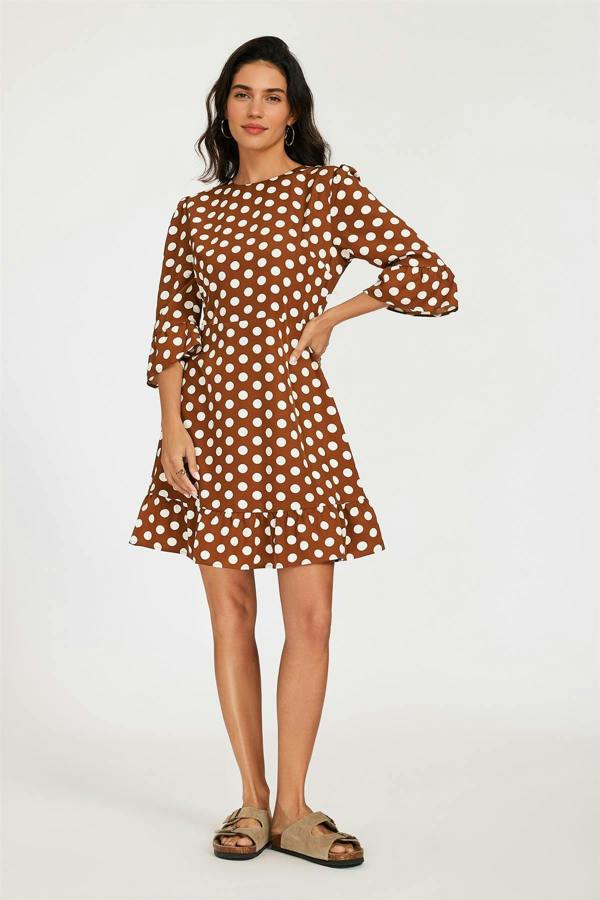 FS Collection Polka Dot Print Frill Detail Mini Dress In Brown