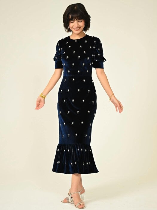 Rose & Nancy Stevie Navy Velvet Hand Embellished Midi Dress