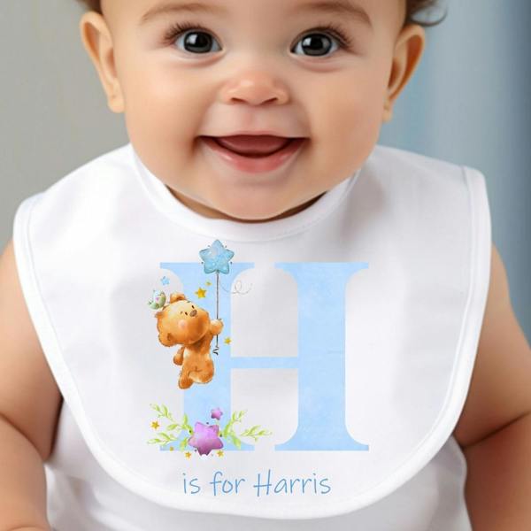 Personalised Blue Initial Teddy Baby Grow, Vest or Bib with Name