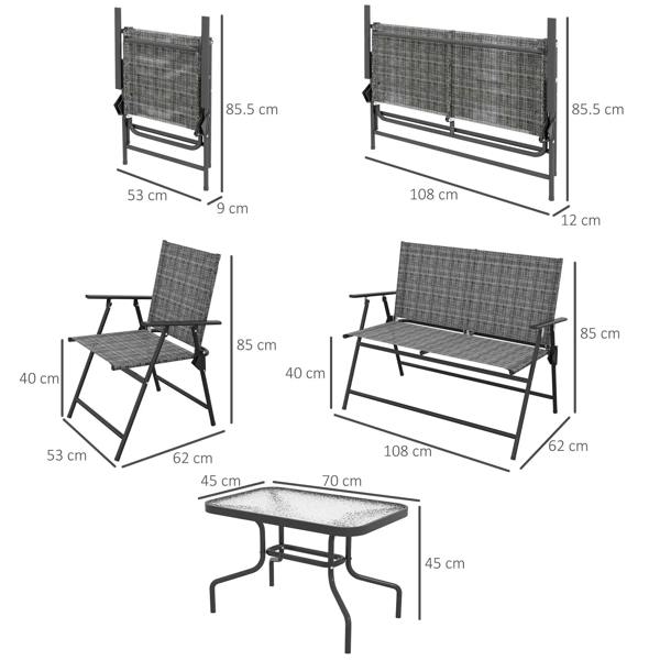 Light grey metal patio sofa set size guide for chairs, loveseat, and coffee table