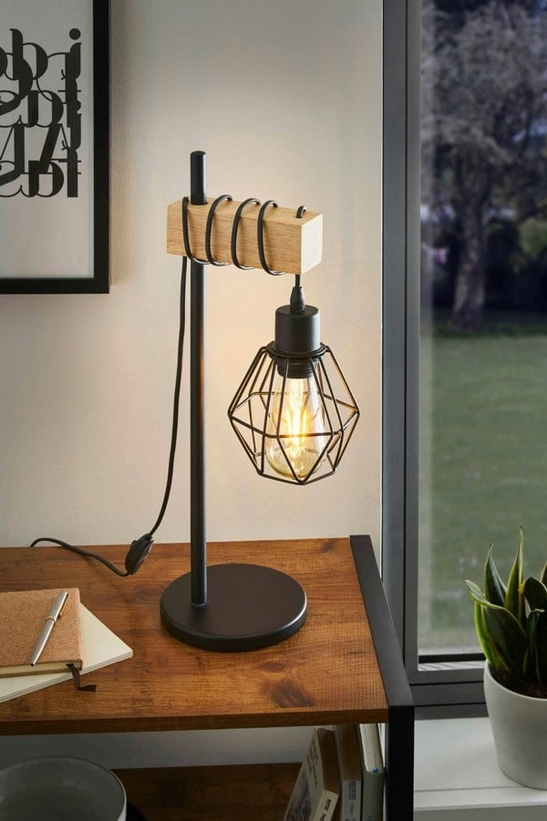 EGLO Townshend 5 Black/Natural Metal And Wood Table Lamp - Industrial Style (D) 15.5cm