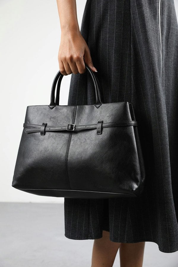Where's That From Flores Luxury Structured Leather Tote Bag in Black