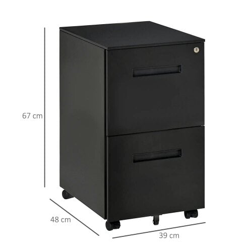 Bobobiy Metal Mobile File Cabinet with Wheels, Lockable 2 Drawer Filing Cabinet for A4, 39 x 48 x 67cm, Black