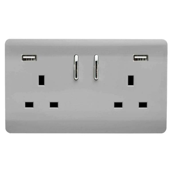 Trendi Switch 2 Gang USB 3100mA Plug Socket in Brushed Steel