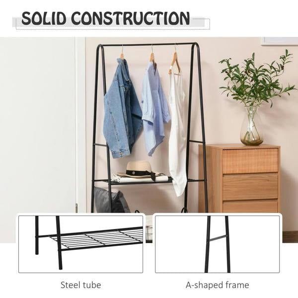 Black metal coat rack with hanging rail and 2-tier wire shelves, A-shaped frame