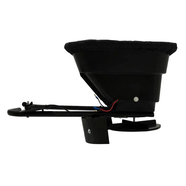 Black ATV mounted spreader with a sturdy frame, large hopper, and adjustable controls for efficient spreading of materials