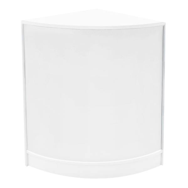 White corner display counter with a smooth, curved front and sleek design, ideal for showcasing products in retail spaces