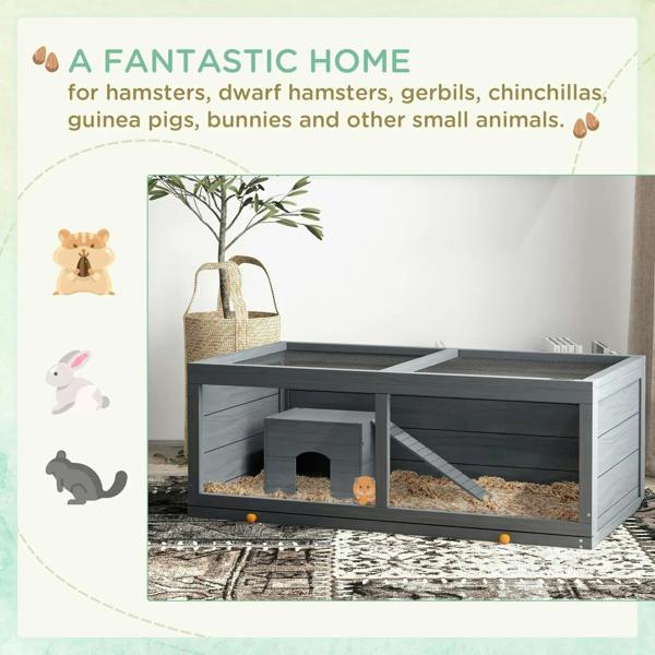 Grey wooden hamster cage with open top, hut, and ramp inside on large base