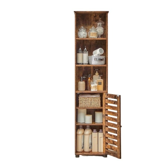 Modcraft Rustic Brown Floor Cabinet with Door & Open Shelves, Adjustable Storage, 167cm Tall