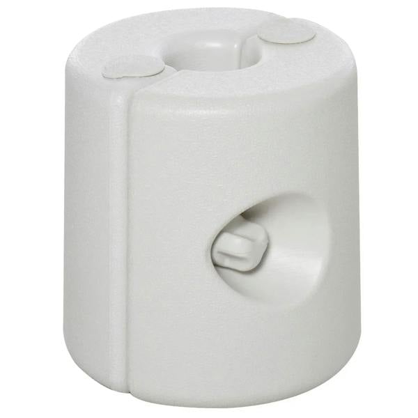 White cylindrical tent leg weight with top fill opening and side securing knob