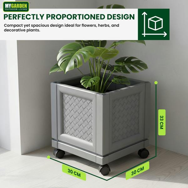 My Garden Outdoor Living My Garden Square Planter with Wheels - Rattan Style Plastic Garden Planter Pot for Indoor & Outdoor Use with Air Vent