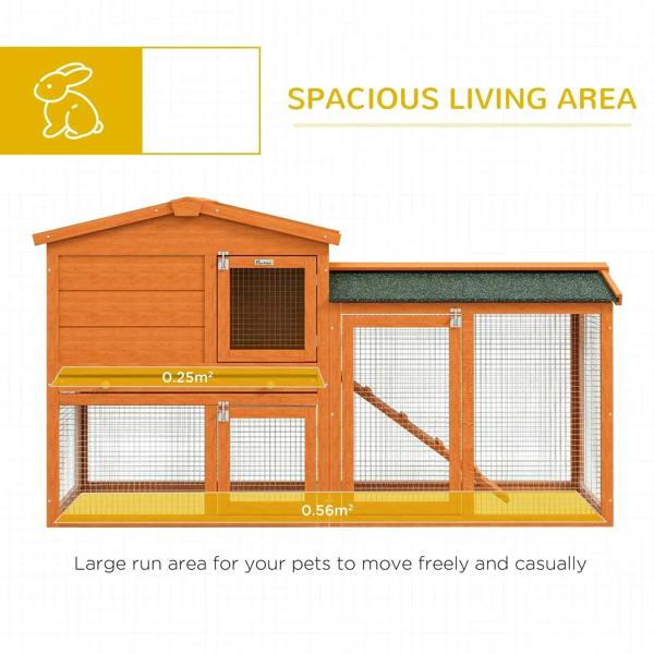 Orange two-tier rabbit hutch with wire mesh run, ramp, and green shingle roof