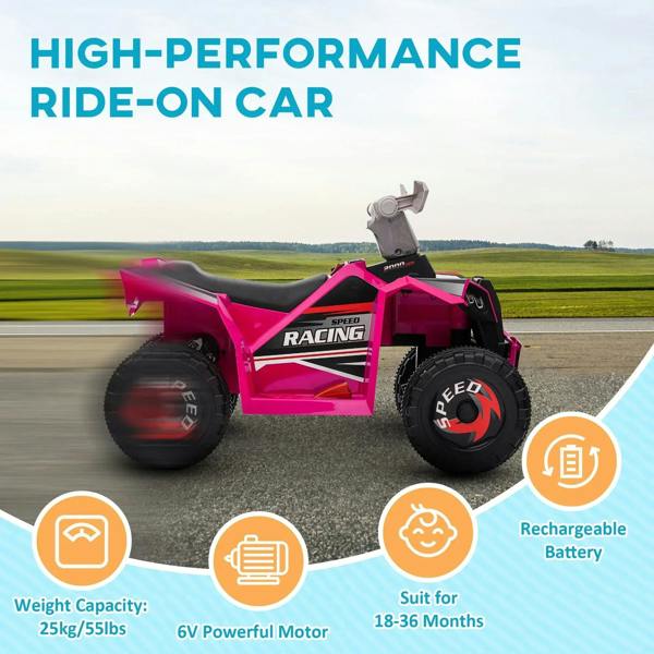 Pink ride-on quad bike with handlebars and black seat, outdoor three-quarter side view