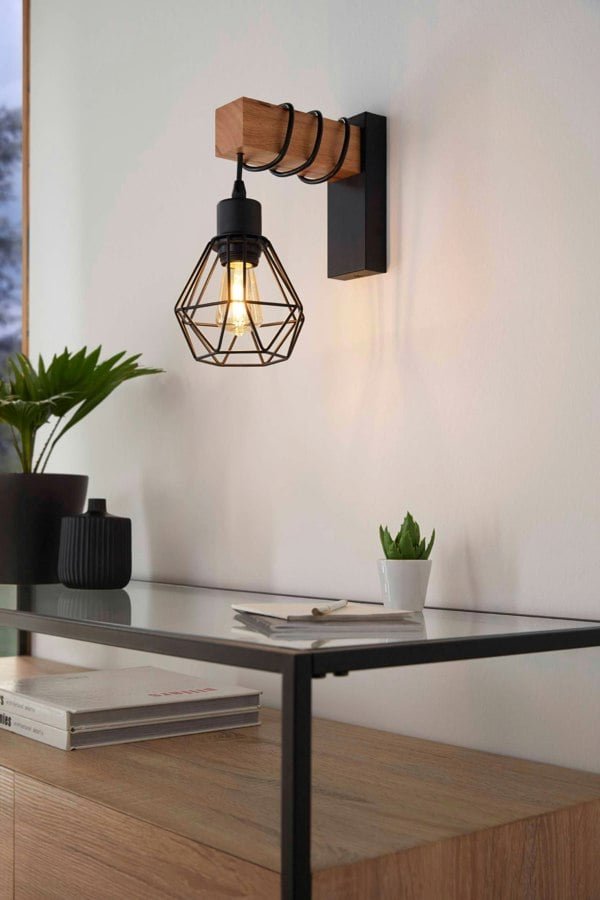 EGLO Townshend 5 Black/Natural Wood Wall Light - Vintage Industrial Style (D) 24cm