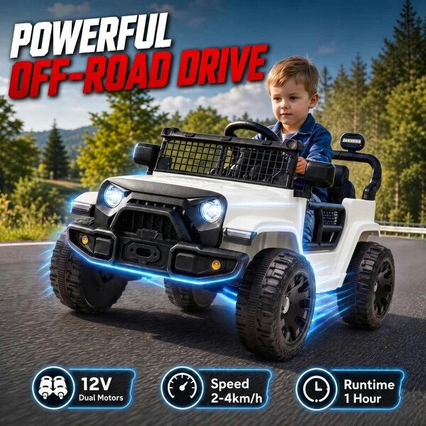 12V Electric Car for Kids with Remote, Dual Motors, Rear Suspension, Soft Start, Music, Lights for 3-8 Years, White