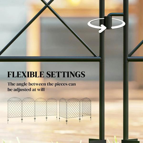 Black metal fence panel with adjustable angle joints for flexible garden fencing setup
