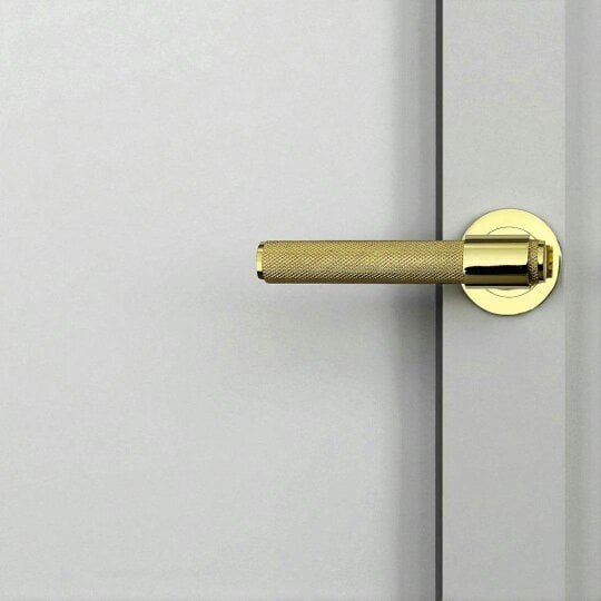 EDH Door Hardware Knurled Door Handles Brass Polished Loop & Neck Lever on Round Rose Latch Handle