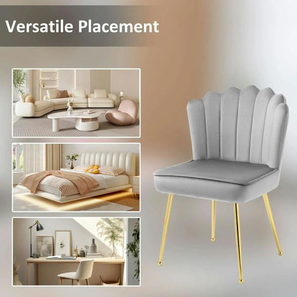 Grey velvet-feel accent chair with scalloped shell back and slim gold legs