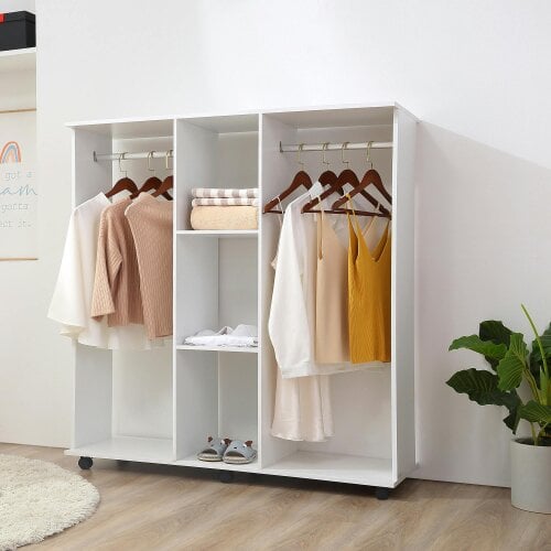 HOMCOM Mobile Double Open Wardrobe w/ Clothes Hanging Rail Colthing Black - White