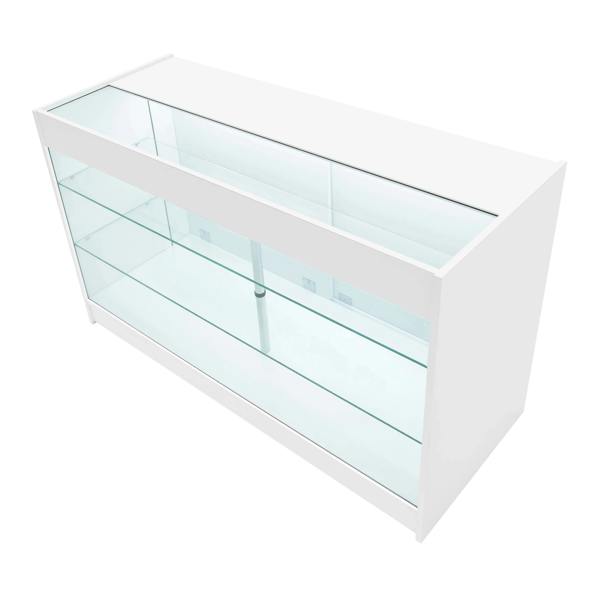 Astro LED Shop Counter Set in white with glass shelves, featuring a sleek design and modern aesthetic for retail displays