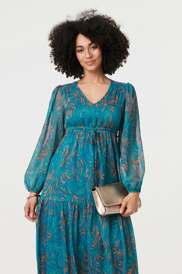 Teal | Leaf Print Sheer Tie Waist Maxi Dress
