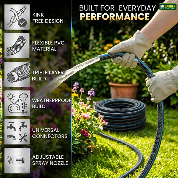 My Garden Outdoor Living Hose Pipe Anti Kink Hosepipe Inc 4 Connectors - 11.3mm Dia - Durable Triple Layer Water Hose with Spray Nozzle