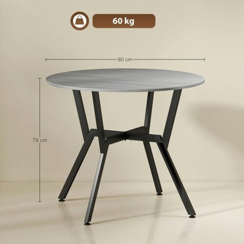 Wyld Haus Donato Grey Round Dining Table With Black Metal Legs And Anti Slip Feet 90cm