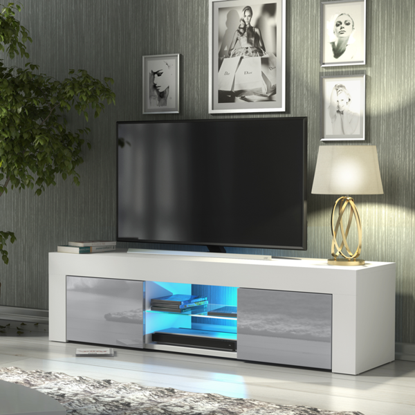Mex Furniture Striking 130cm TV Unit Cabinet with Grey High Gloss Doors LED Lights