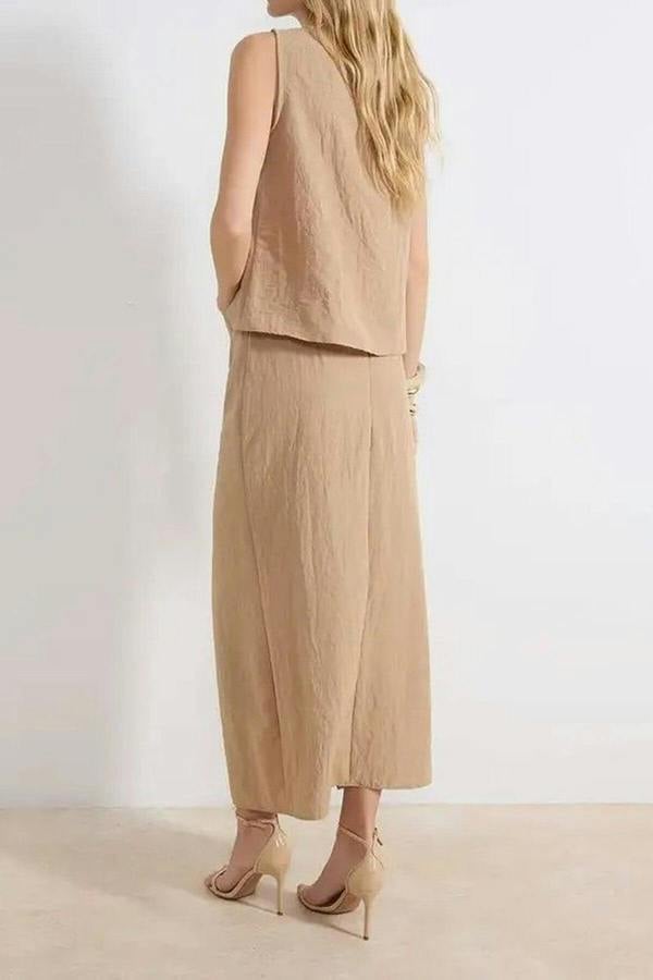 WOVCOR 2-Piece Blouse-Skirt Woven Top and Bottom Set with Accessories and Slit Detail