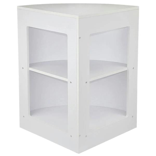 Brilliant white retail display counter with two open shelves, featuring a sleek, modern design and smooth finish for showcasing products