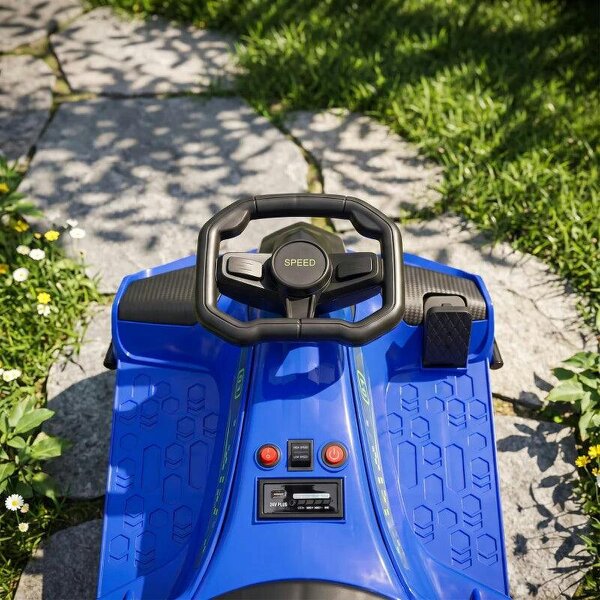 12V Kids Electric Go Kart, Ride on Drift Car with 2 Speeds, Soft Start, Music, Colourful LED Lights for Ages 8-12, Blue