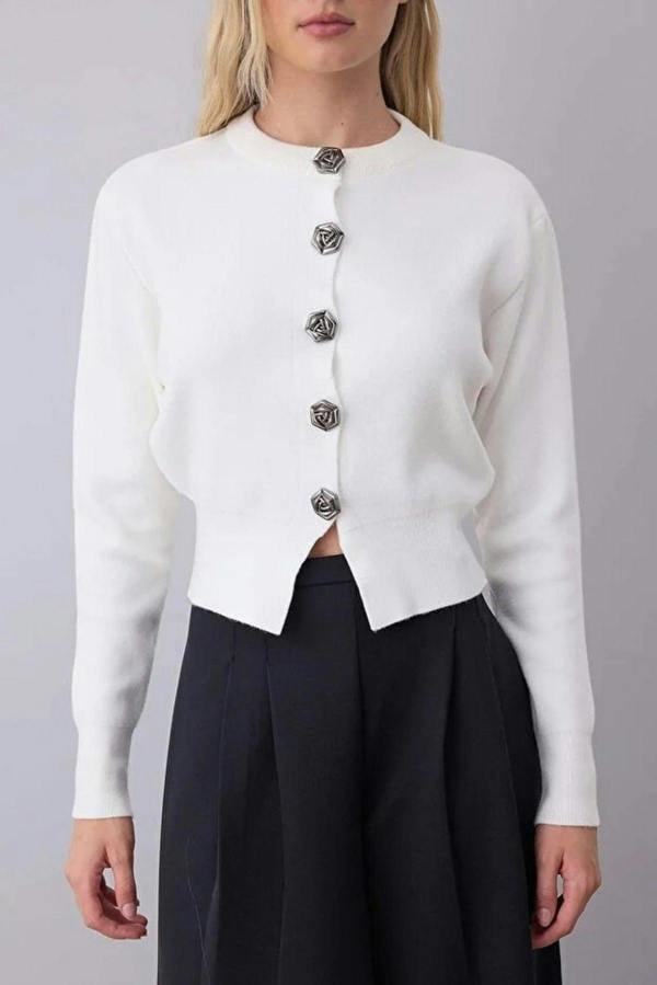 WOVCOR Premium Yarn Crop Knit Cardigan with Rose Button Detail