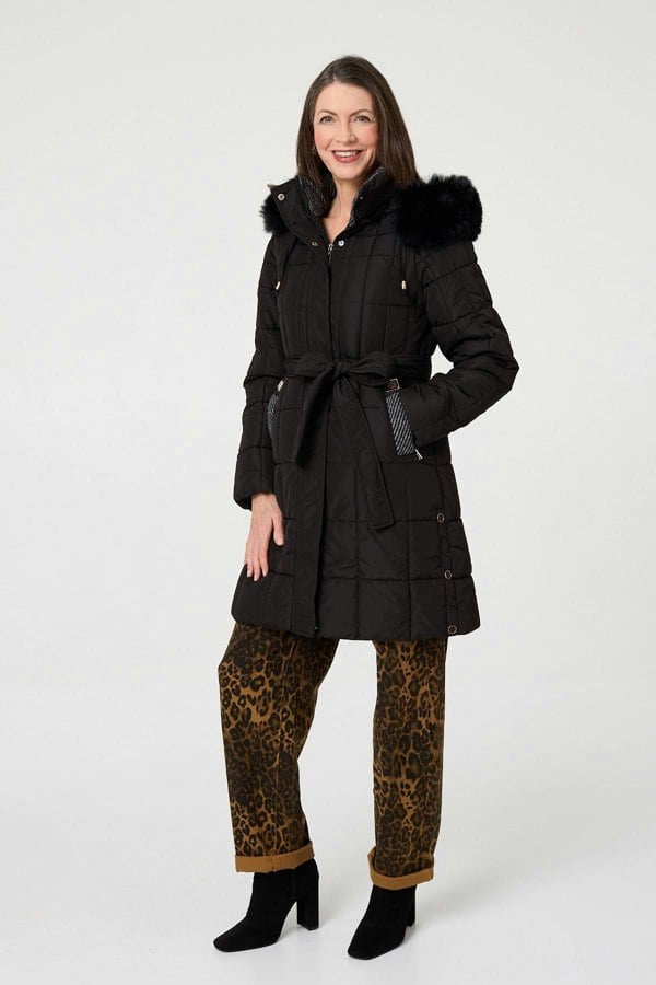 Black | Faux Fur Hood Textured Puffer Jacket
