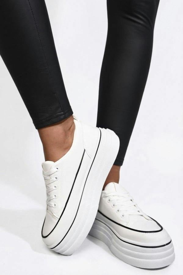 Breanna Platform Wedge Lace Up Trainers - White_wb