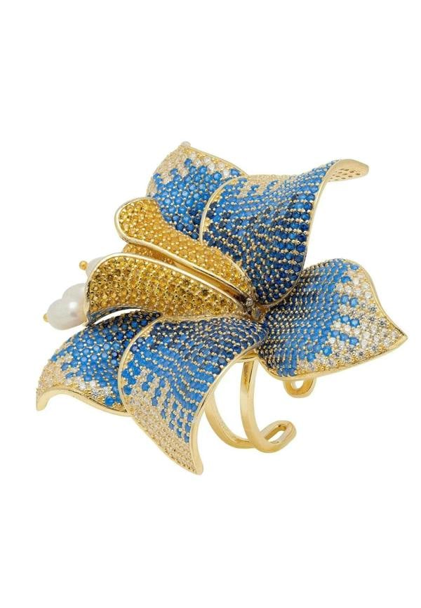 Daffodil With Pearls Cocktail Ring Gold Sapphire CZ - LATELITA Rings