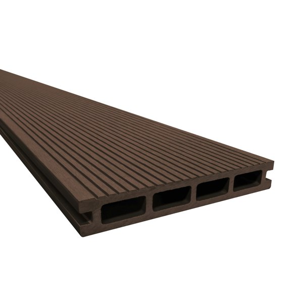 Brown composite decking board with a textured surface and hollow core, ideal for outdoor decking projects and durable construction