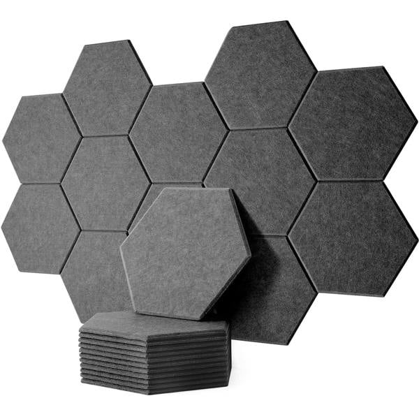Gr8 Home 12 x Dark Grey Hexagon Self Adhesive Acoustic Wall Panels Sound Proofing Pad Set