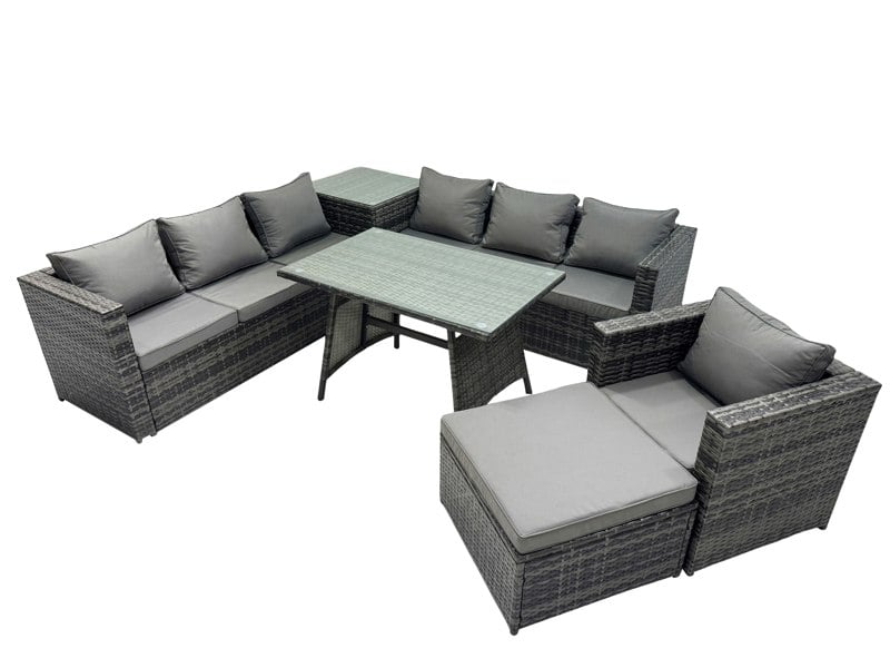 Fimous Outdoor Corner Sofa Chair Dining Table Set Garden Rattan Furniture Set 8 Seater with Side Table Big Stool Dark Grey
