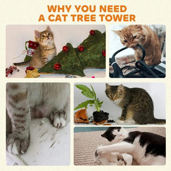 Collage showing cats resting and scratching on a cat tree tower