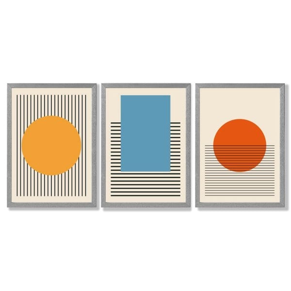 Set of 3 Geometric Yellow Blue Red Framed Art Prints with Light Grey Wooden Frames