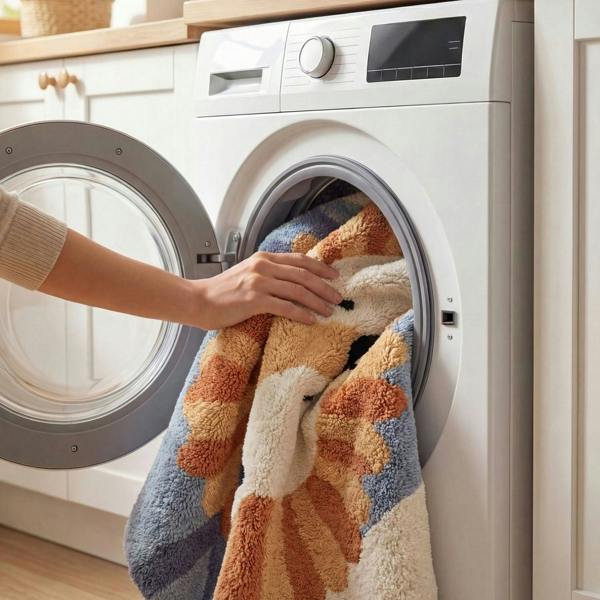 Person taking a colorful towel out of a washing machine in a kitchen.