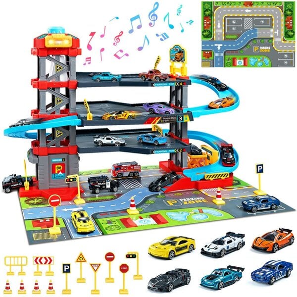 deAO 64-Piece 3-Level Racing Track Garage Playset with Cars, Ramps, Lift & Lights (Ages 3+)