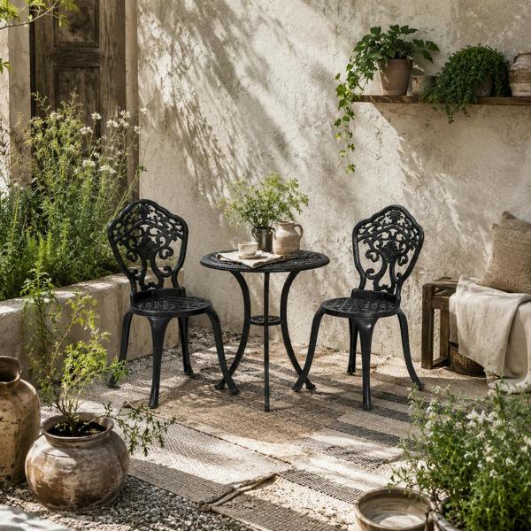 Wyld Haus Rirara Aluminium Black 3 Piece Floral Outdoor Bistro Garden Set