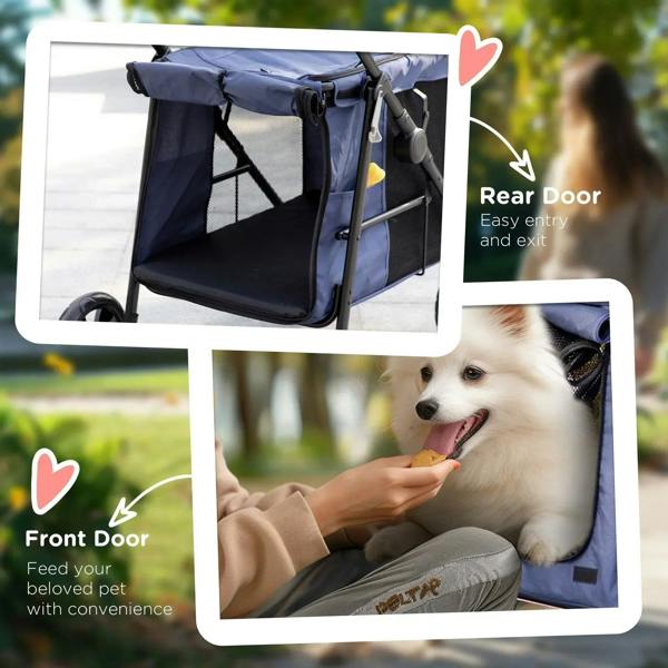 Dark blue dog pram with front and rear zip doors for easy pet entry