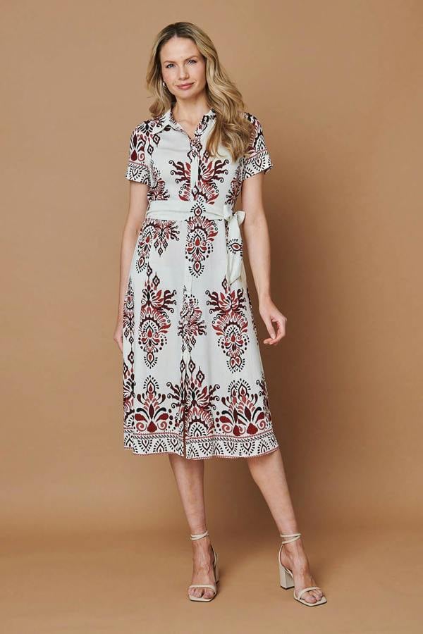 Red | Border Print Short Sleeve Midi Dress