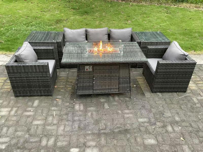 Fimous 5 Seater PE Rattan Garden Furniture Patio Set, Gas Fire Pit Dining Table, Sofa, Armchairs, Big Footstool, Dark Grey Mixed