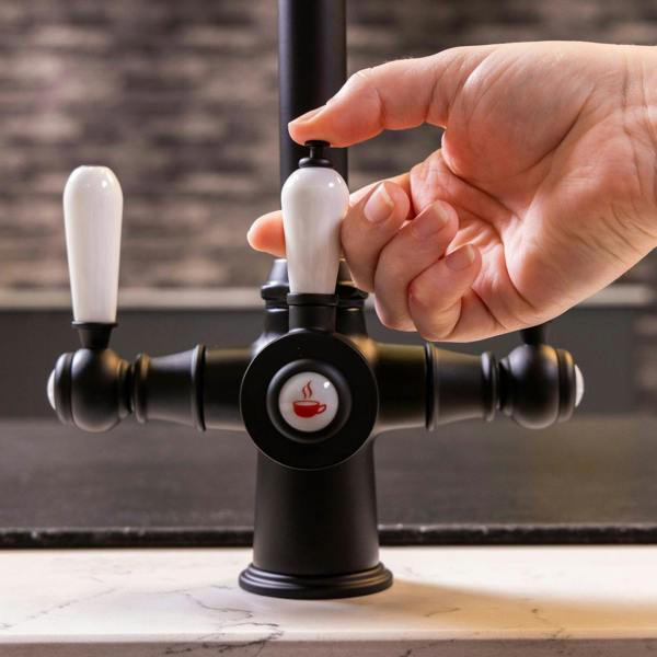 Flode korsa | Traditional Cruciform Style 3 in 1 Instant Boiling Tap | White Ceramic Levers | Matt Black Finish