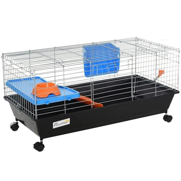 Black small animal wire cage with blue and orange platforms, ramp, and feed dish