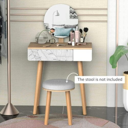 Bobobiy Dressing Table with Drawer and Mirror height adjustable Wooden Oak Color Bedroom Dressing Room Elegant and Durable