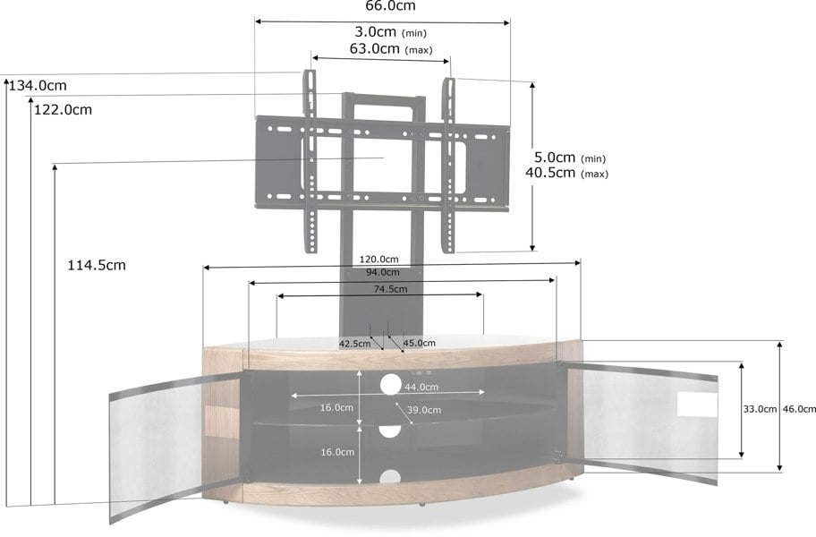 Centurion Supports PANGEA Black/Oak Beam-Thru Curved True-Corner 32"-50" TV Cabinet with Mounting Arm